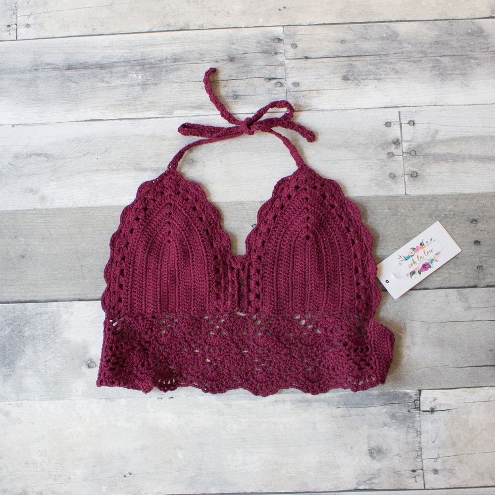 Boho Halter Crochet Crop Wine Bralette Swim Top - Picture 2 of 5